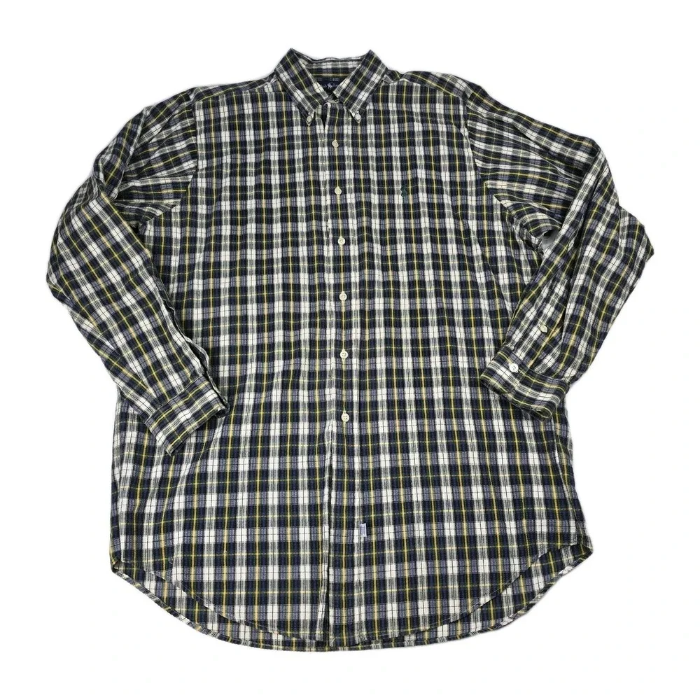 VTG POLO RALPH LAUREN Men L Plaid SEERSUCKER Button-Up‎ Shirt GREEN PONY Golf